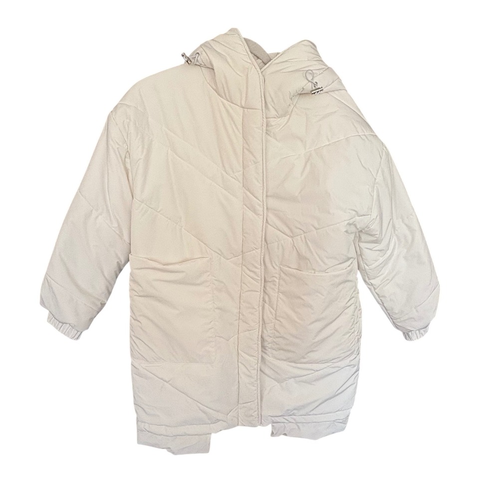 NWOT SOOLINEN Down Cream Puffer Coat Oversized Winter Jacket Hood Quilt ONE SIZE